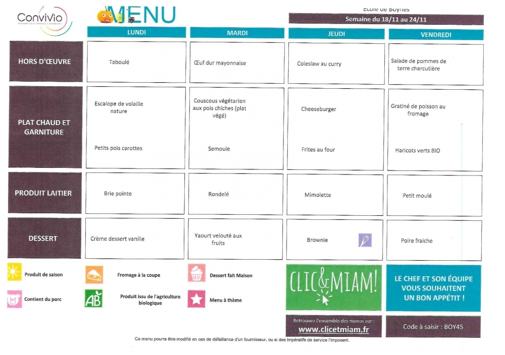 Menu du 18 au 22 novembre - Commune de Boynes