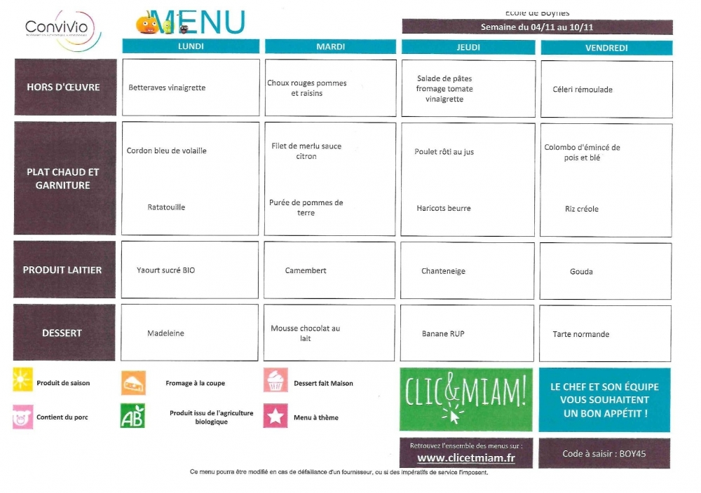 Menu du 4 au 8 novembre - Commune de Boynes