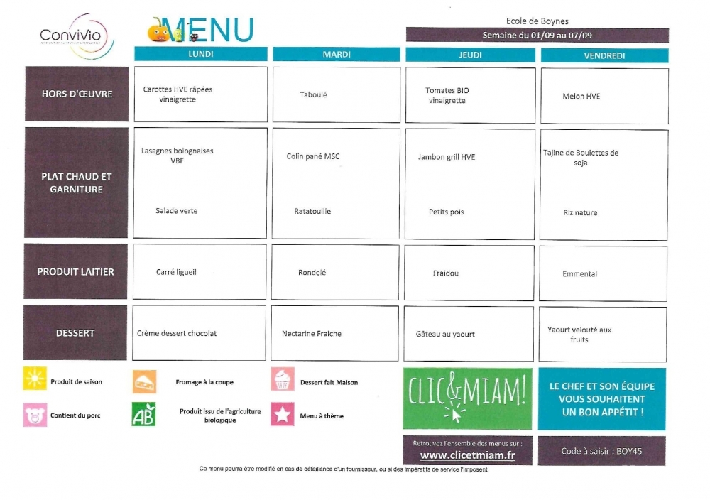 menu du 1er au 5 septembre - Commune de Boynes