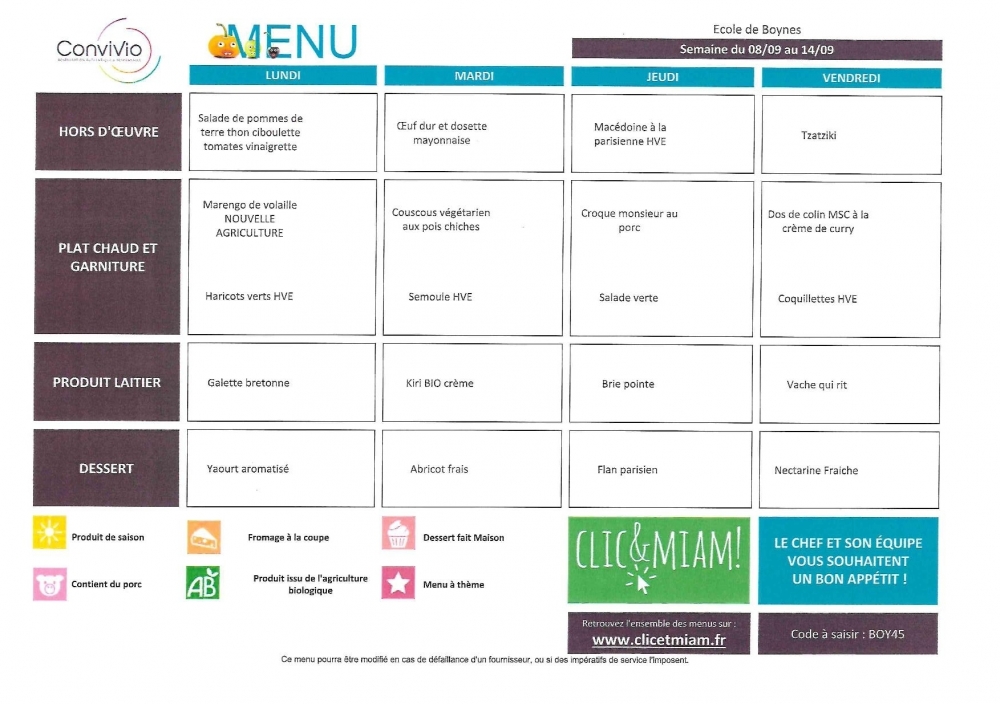Menu du 8 au 12 septembre - Commune de Boynes