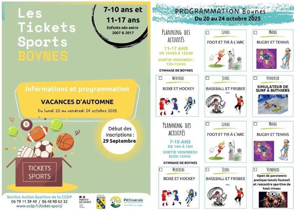 tickets sports vacances automne 2025 - Commune de Boynes
