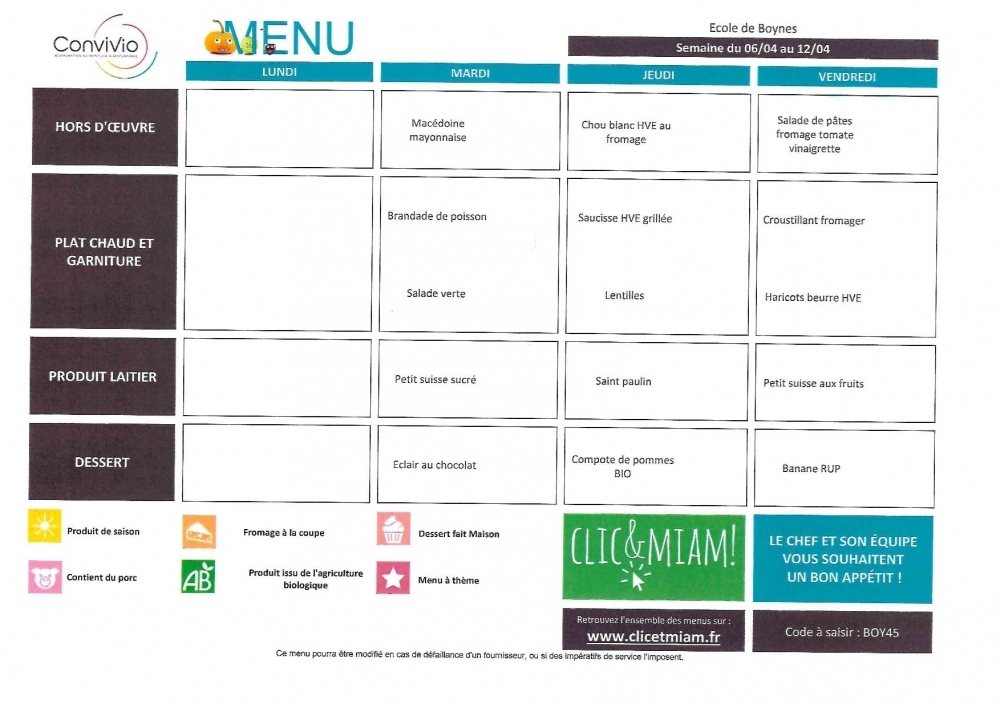 Menus du 7 au 10 avril - Commune de Boynes