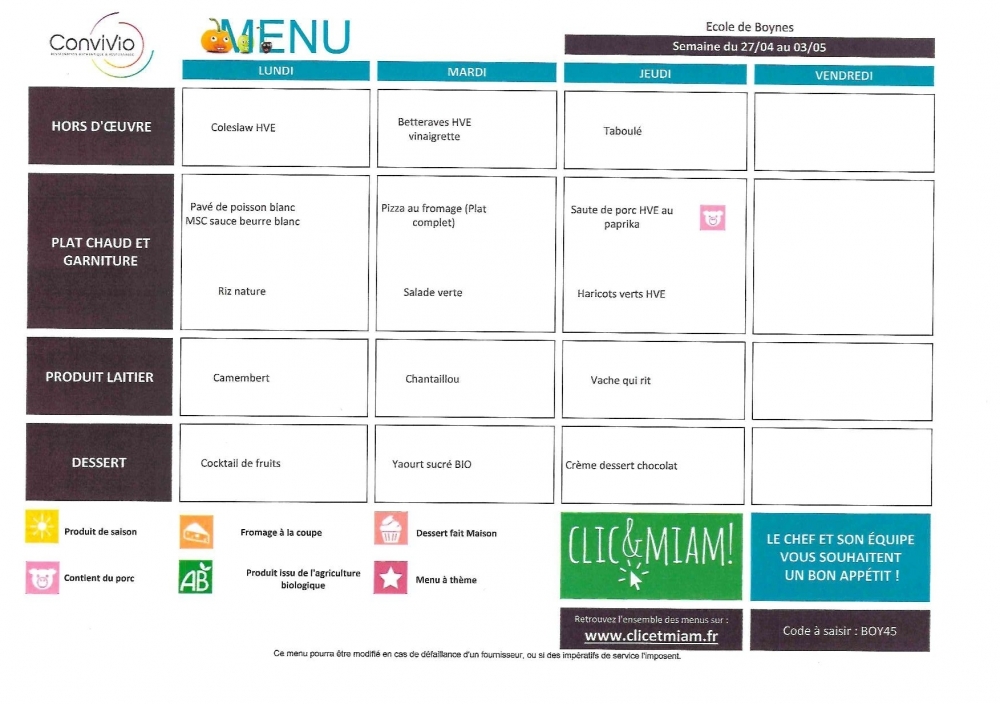 Menu du 27 avril au 30 avril - Commune de Boynes